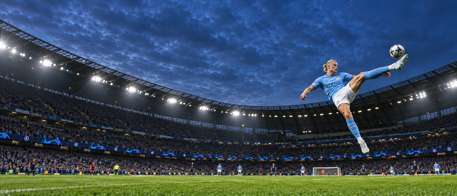 AI illustration of Erling Haaland striking a football in a floodlit stadium